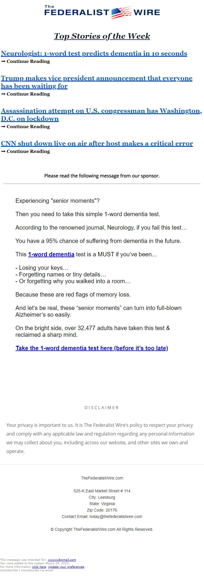 Screenshot of the email generated on import