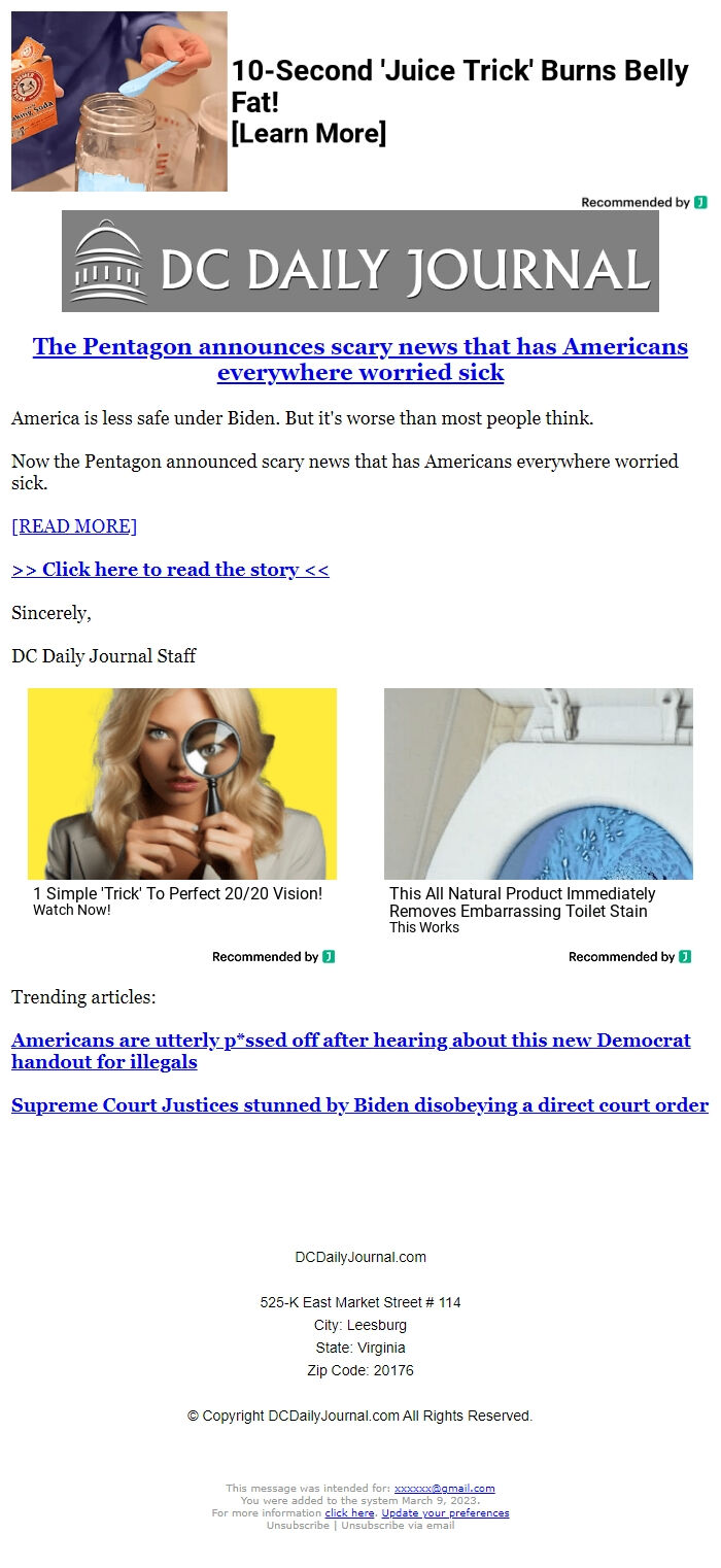 Screenshot of the email generated on import