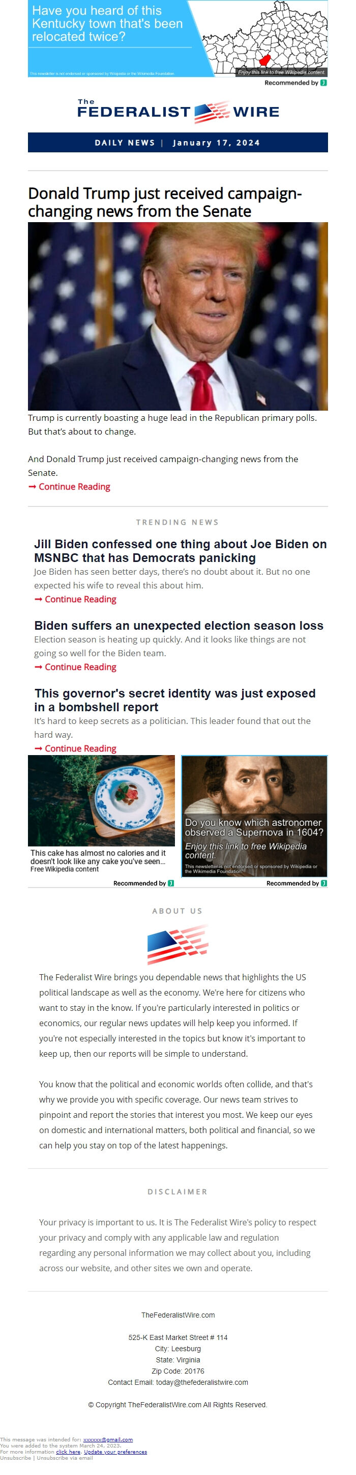 Screenshot of the email generated on import