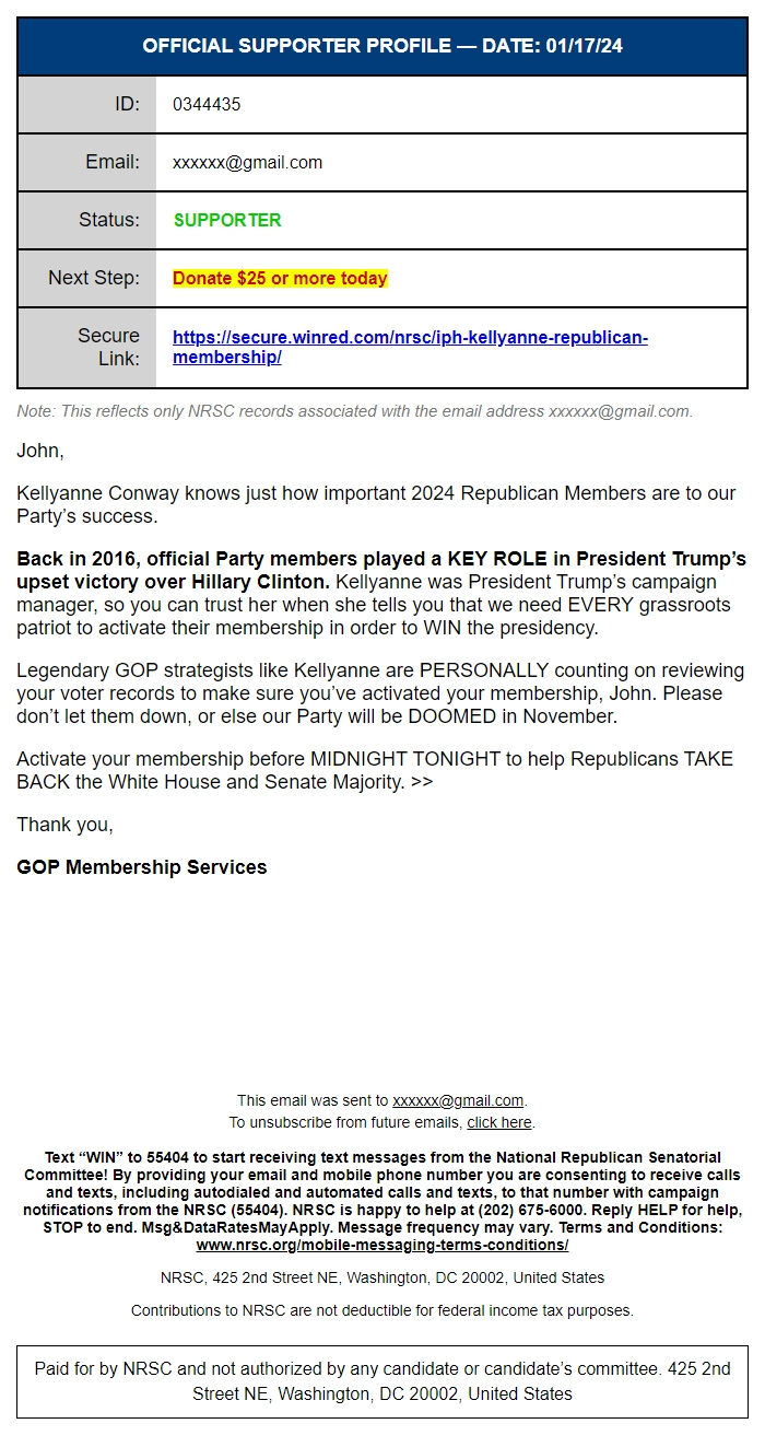 Screenshot of the email generated on import