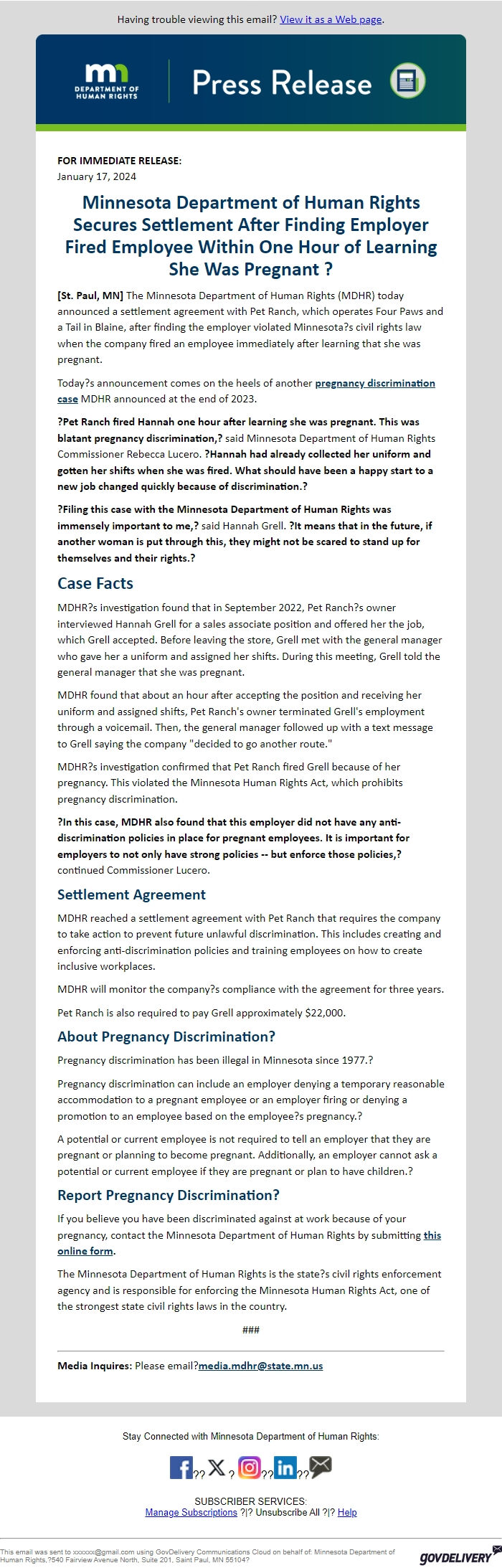 Screenshot of the email generated on import