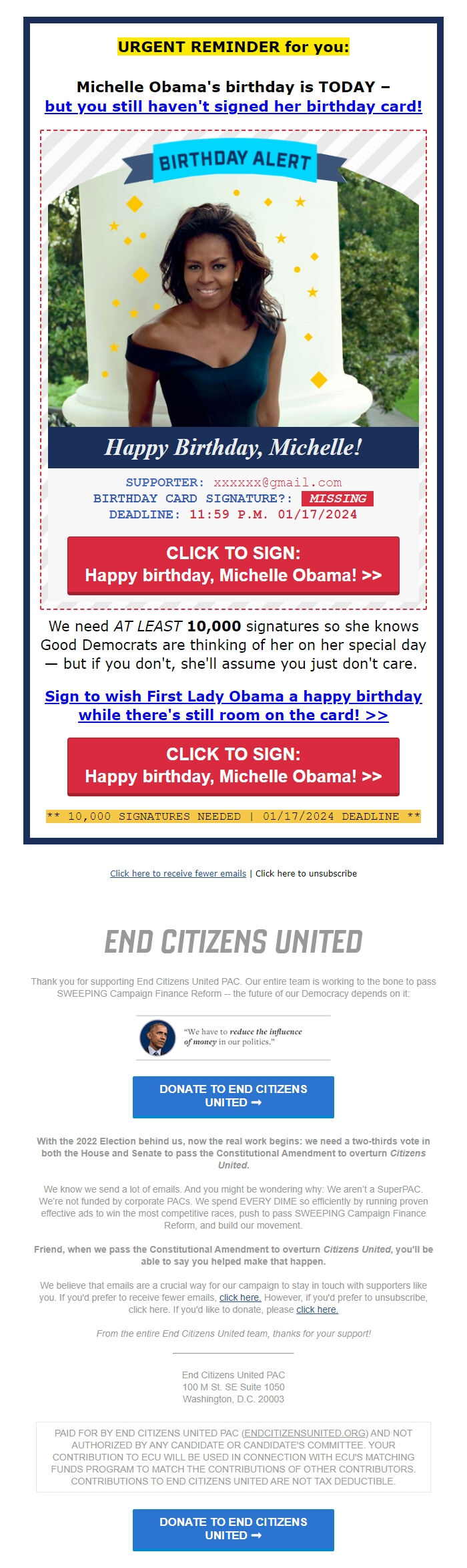 Screenshot of the email generated on import