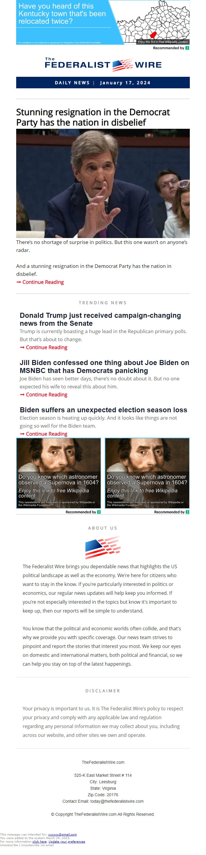 Screenshot of the email generated on import