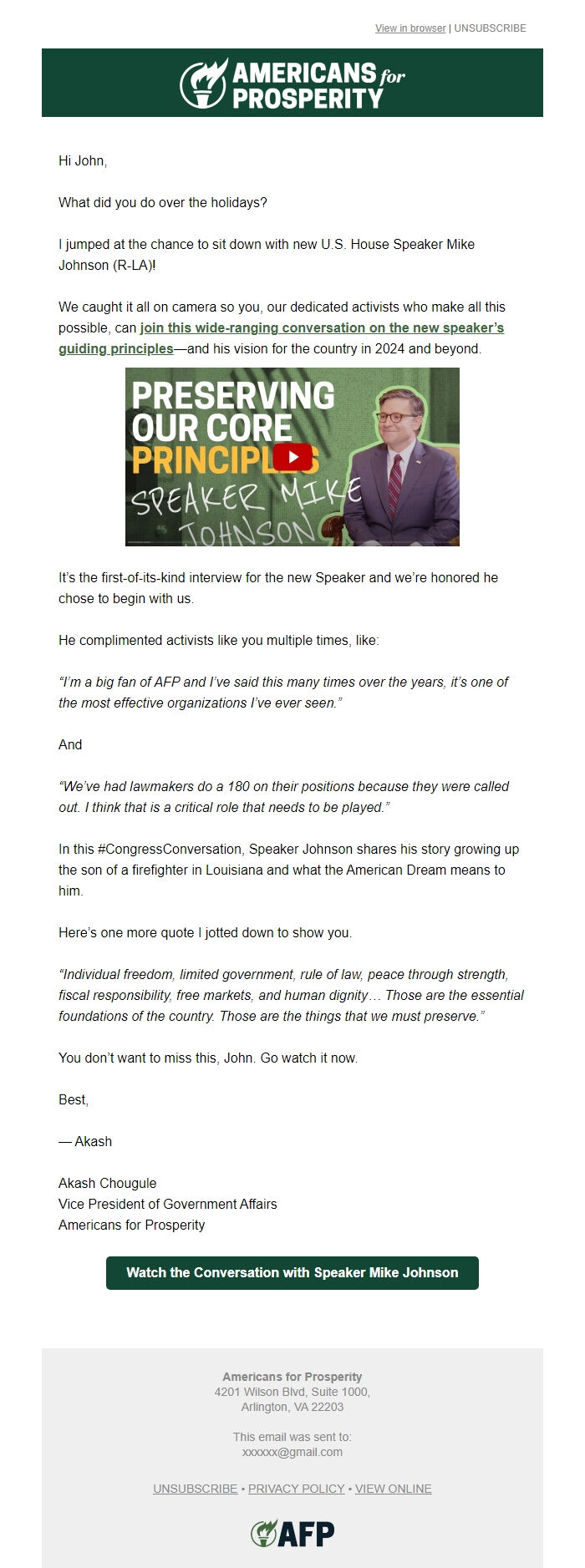 Screenshot of the email generated on import