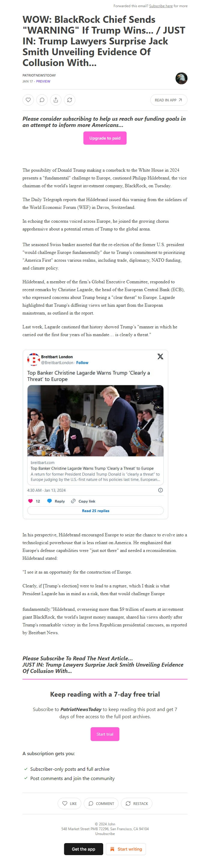 Screenshot of the email generated on import