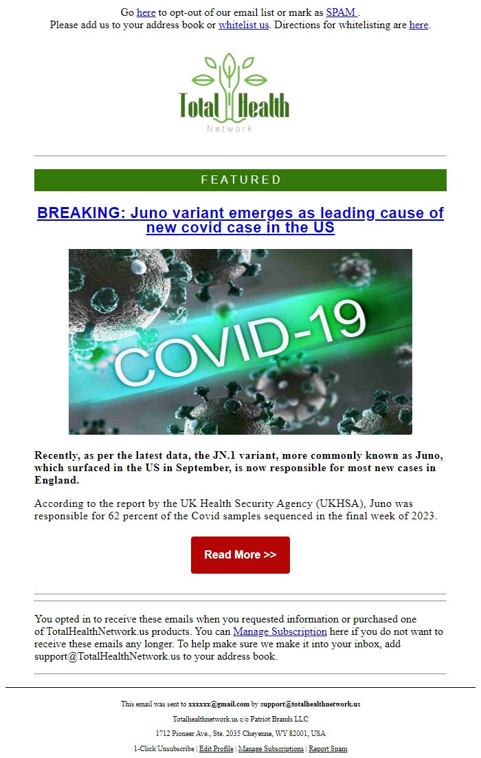 Screenshot of the email generated on import