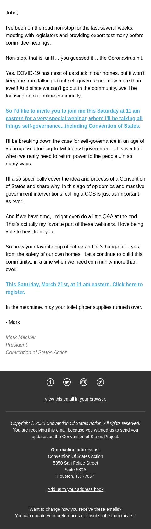 Screenshot of the email generated on import