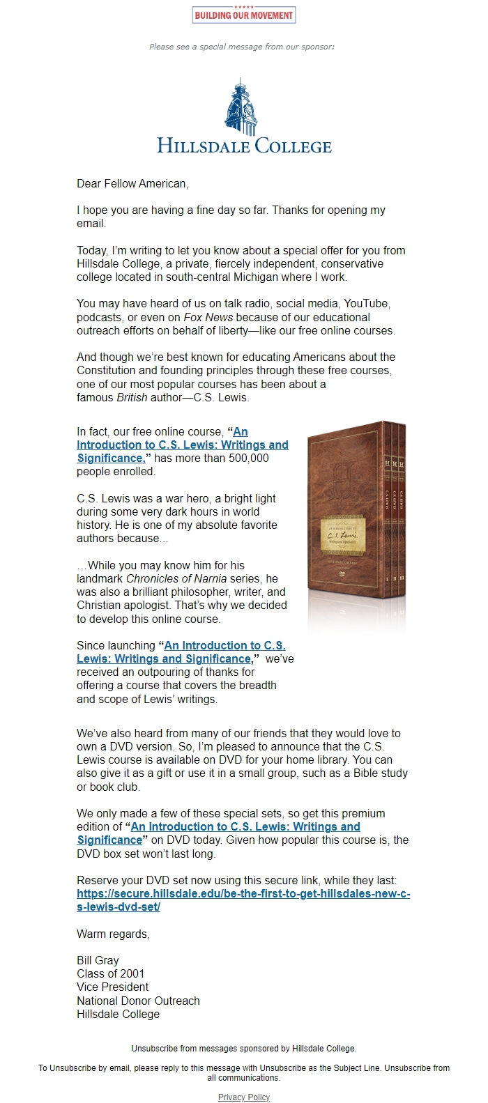 Screenshot of the email generated on import