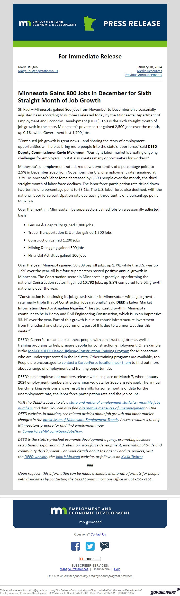 Screenshot of the email generated on import