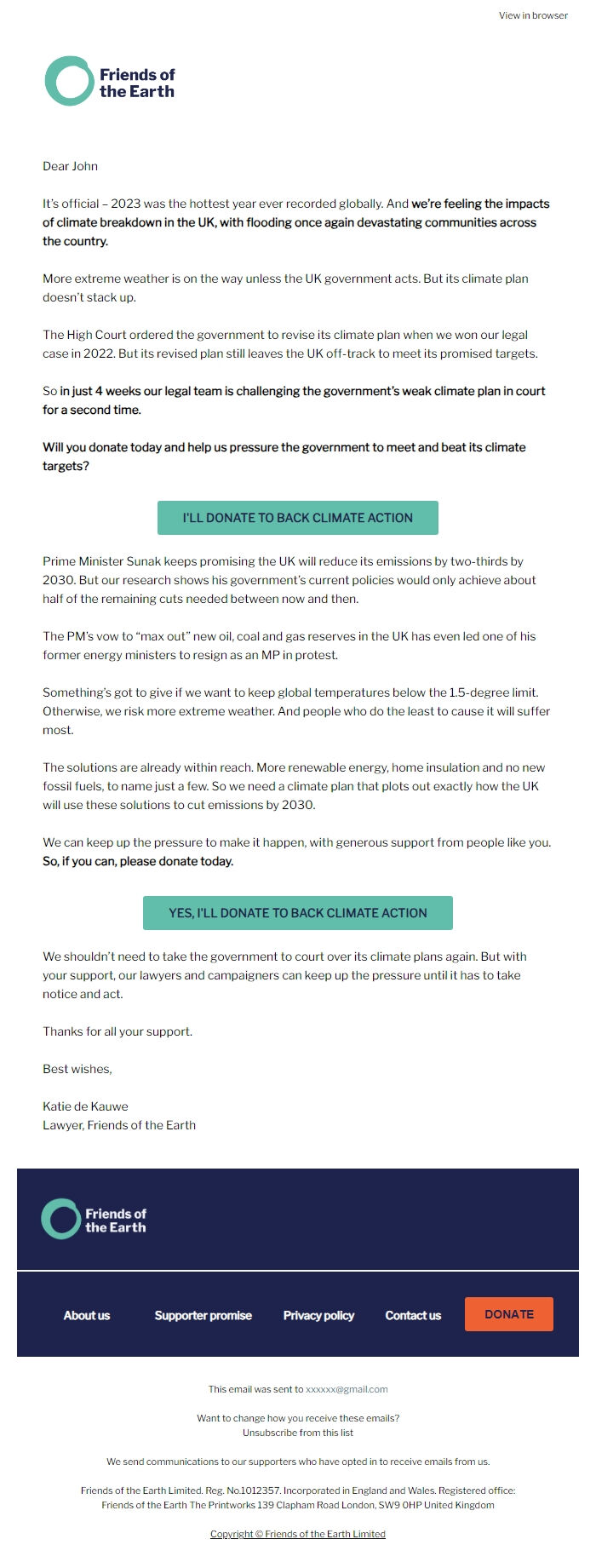 Screenshot of the email generated on import