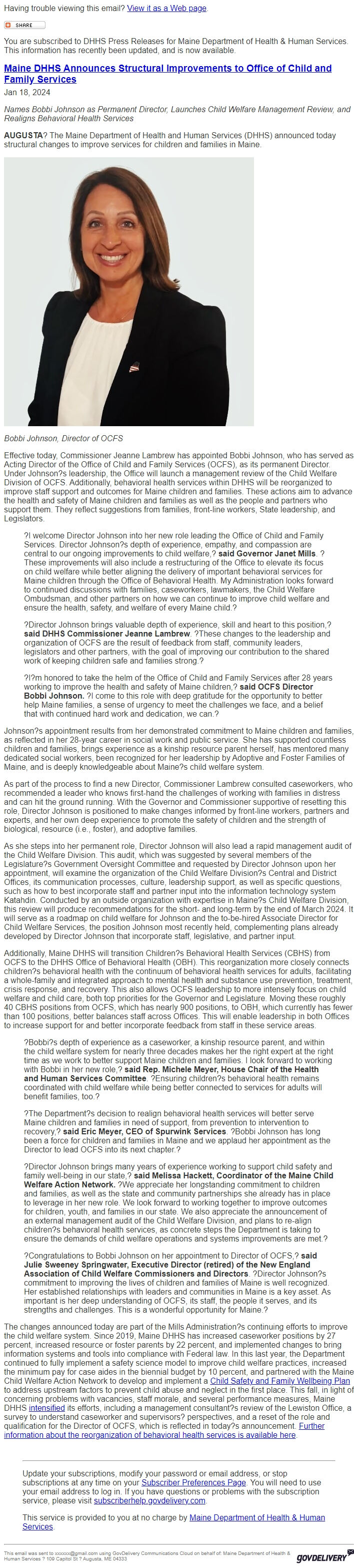 Screenshot of the email generated on import