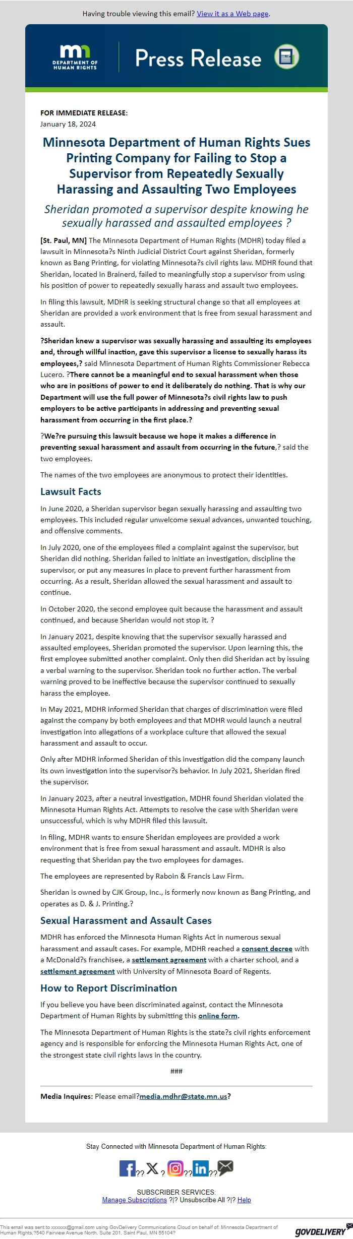 Screenshot of the email generated on import