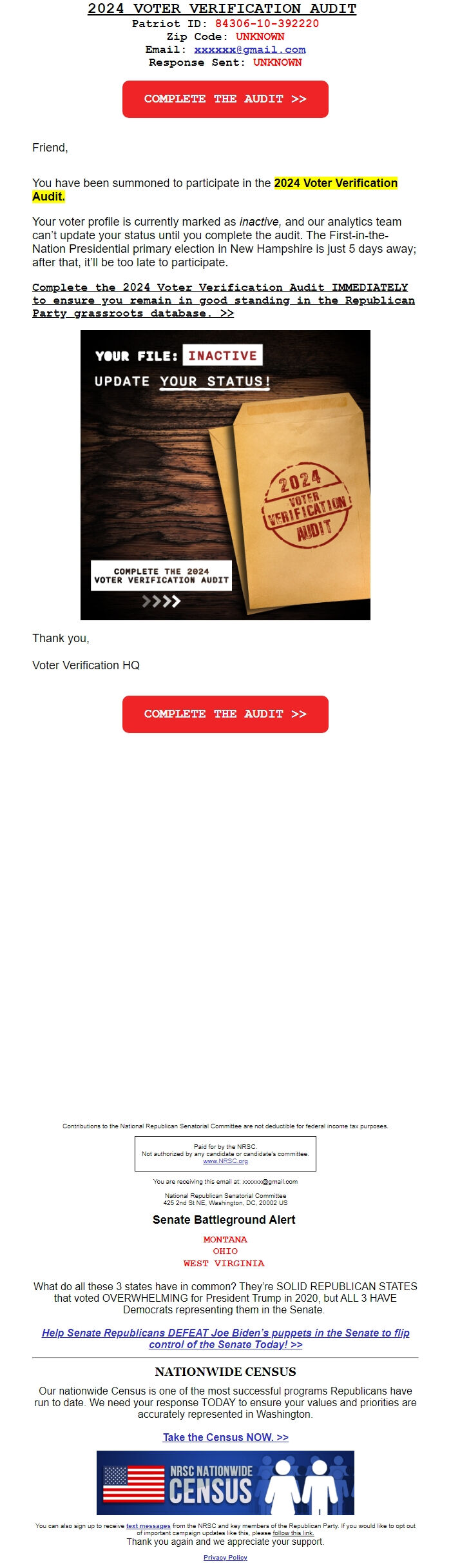 Screenshot of the email generated on import