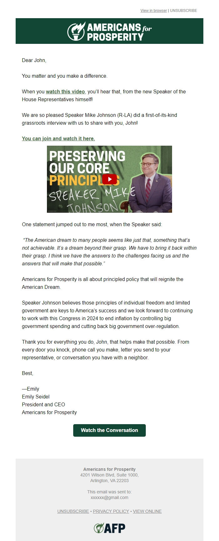 Screenshot of the email generated on import