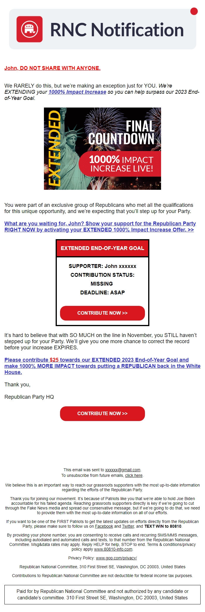 Screenshot of the email generated on import