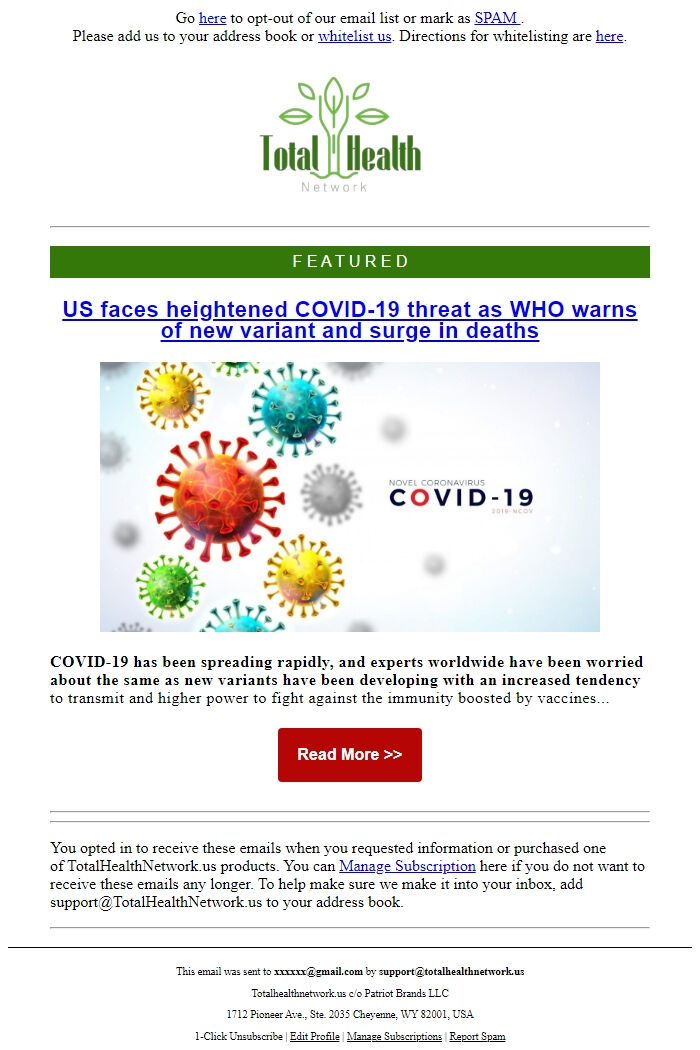 Screenshot of the email generated on import