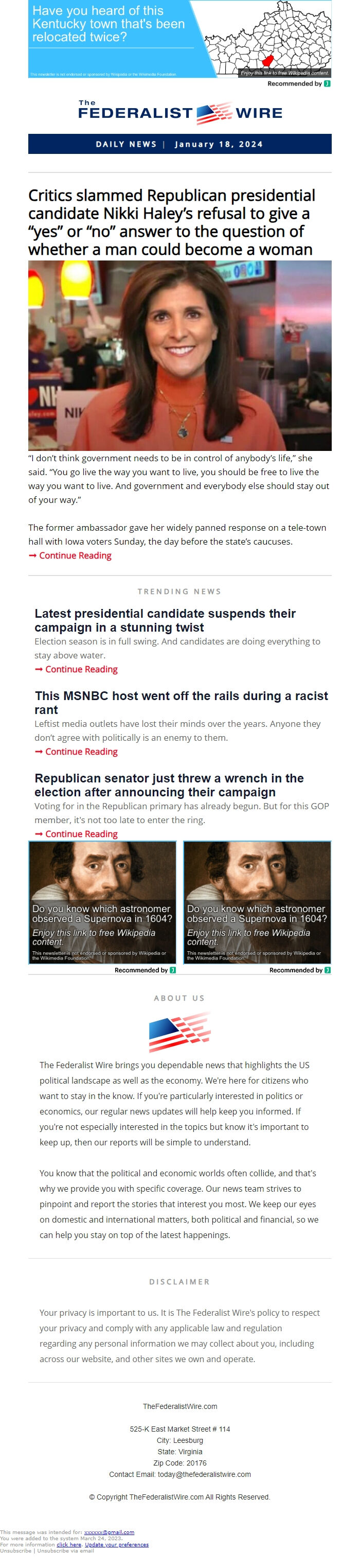 Screenshot of the email generated on import