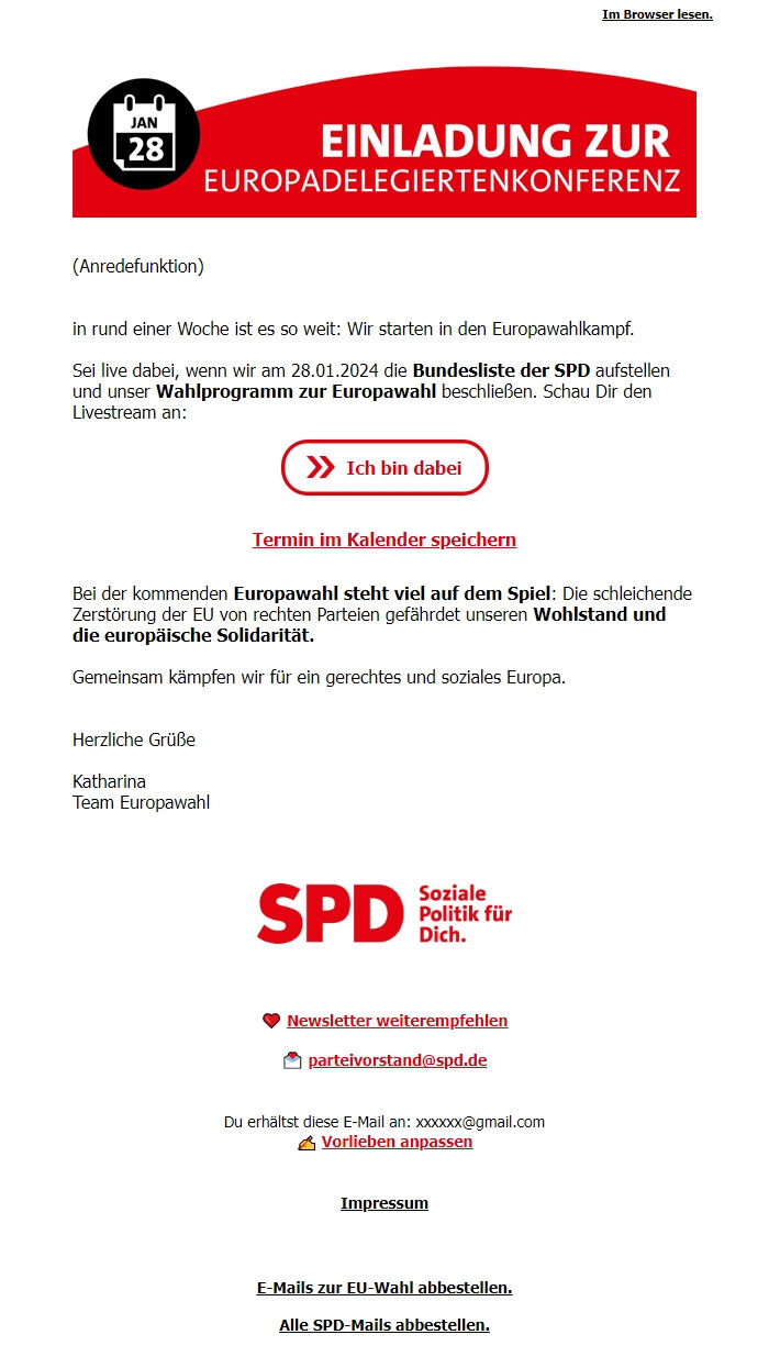 Screenshot of the email generated on import