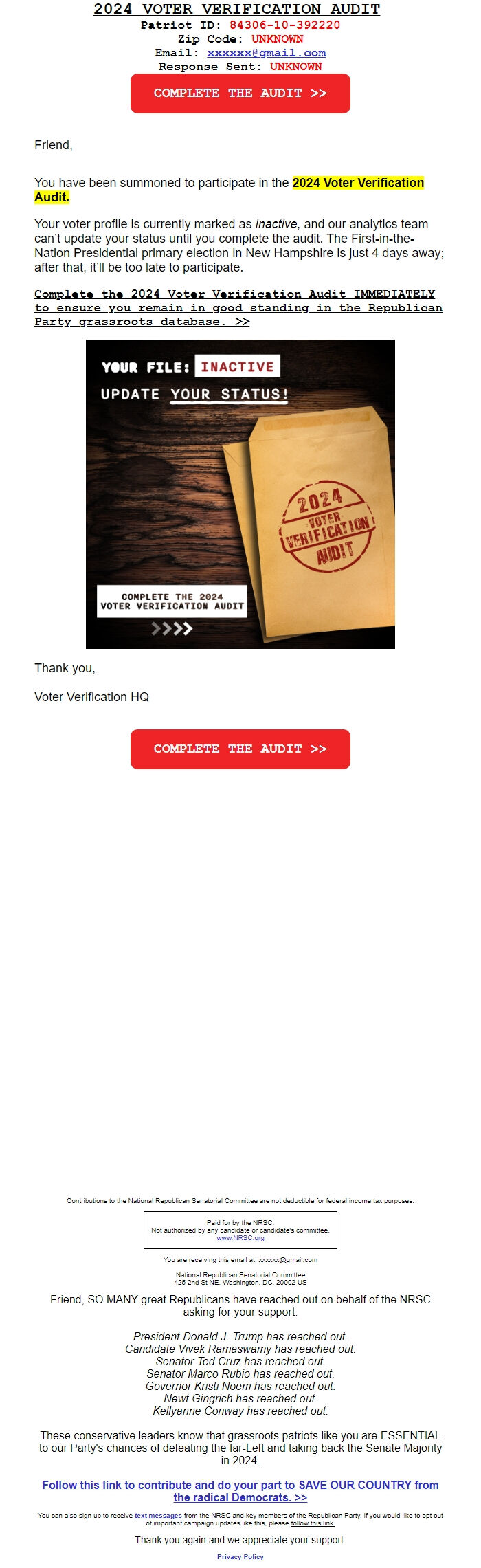 Screenshot of the email generated on import