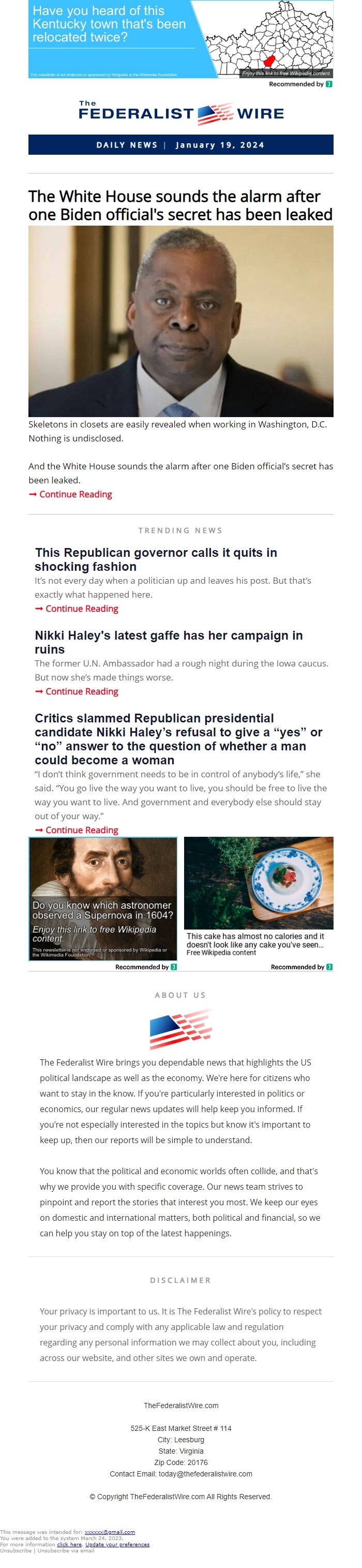 Screenshot of the email generated on import