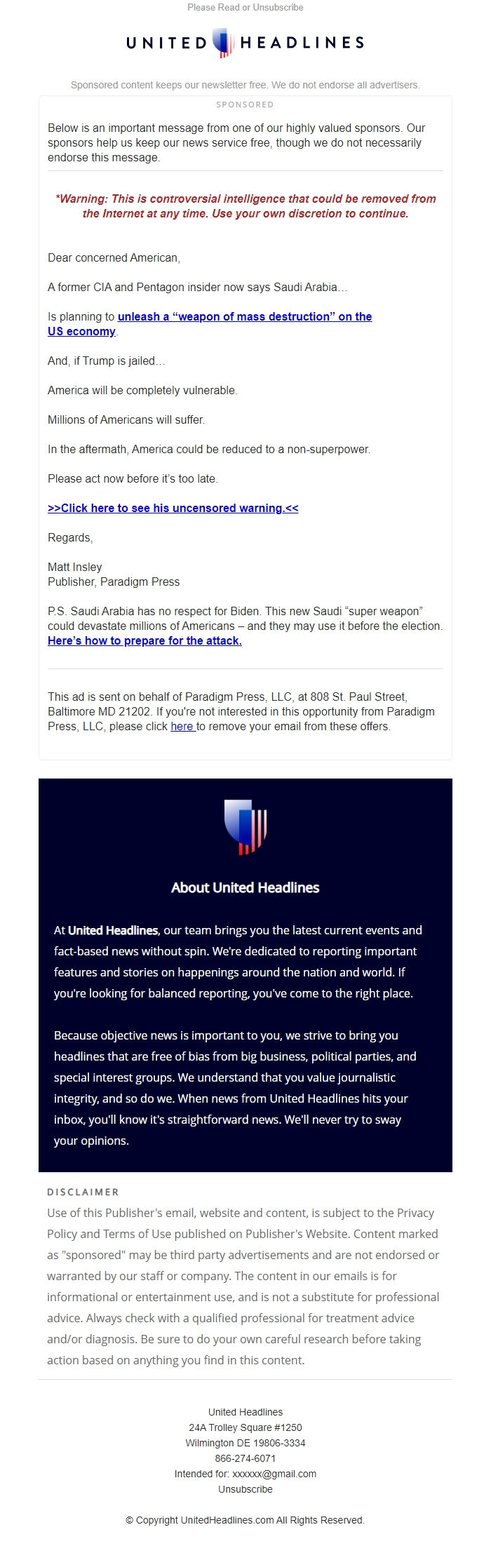 Screenshot of the email generated on import