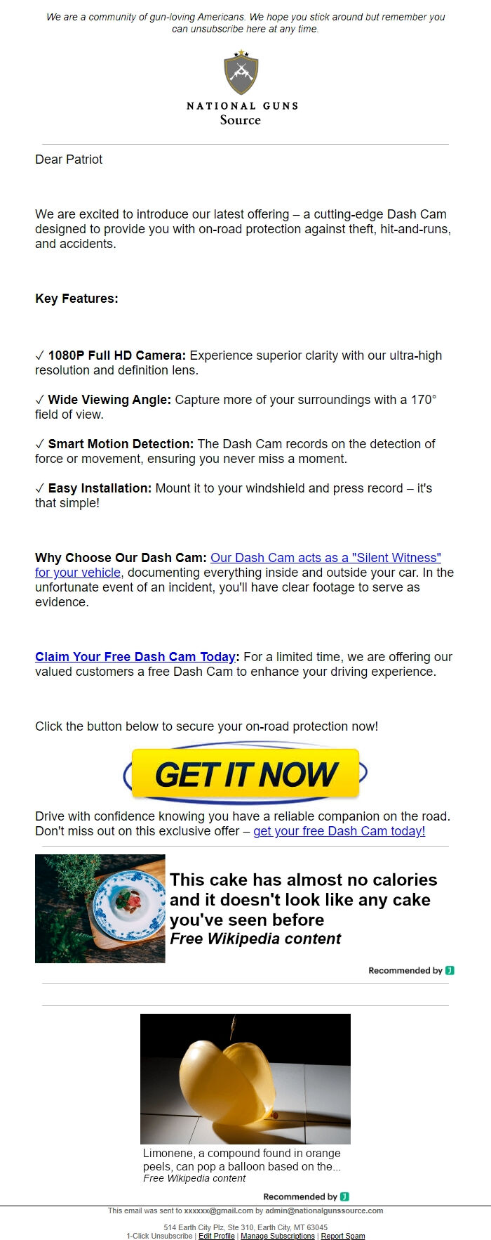 Screenshot of the email generated on import
