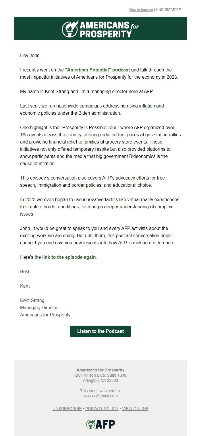 Screenshot of the email generated on import