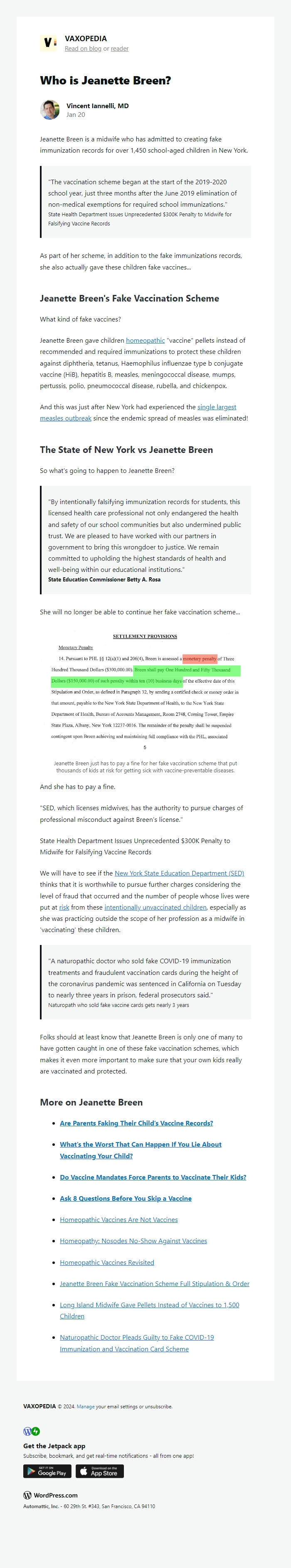 Screenshot of the email generated on import