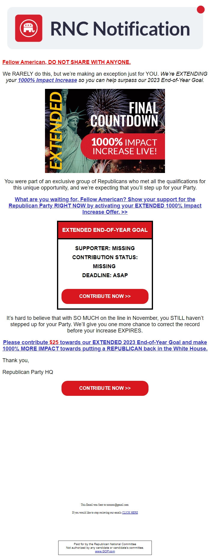 Screenshot of the email generated on import