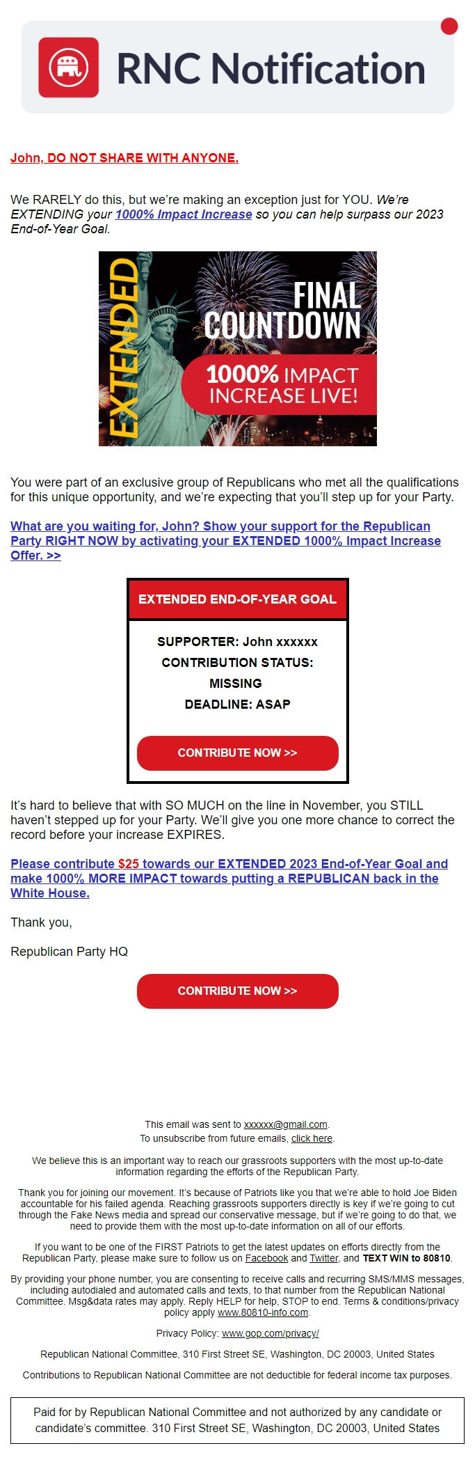 Screenshot of the email generated on import