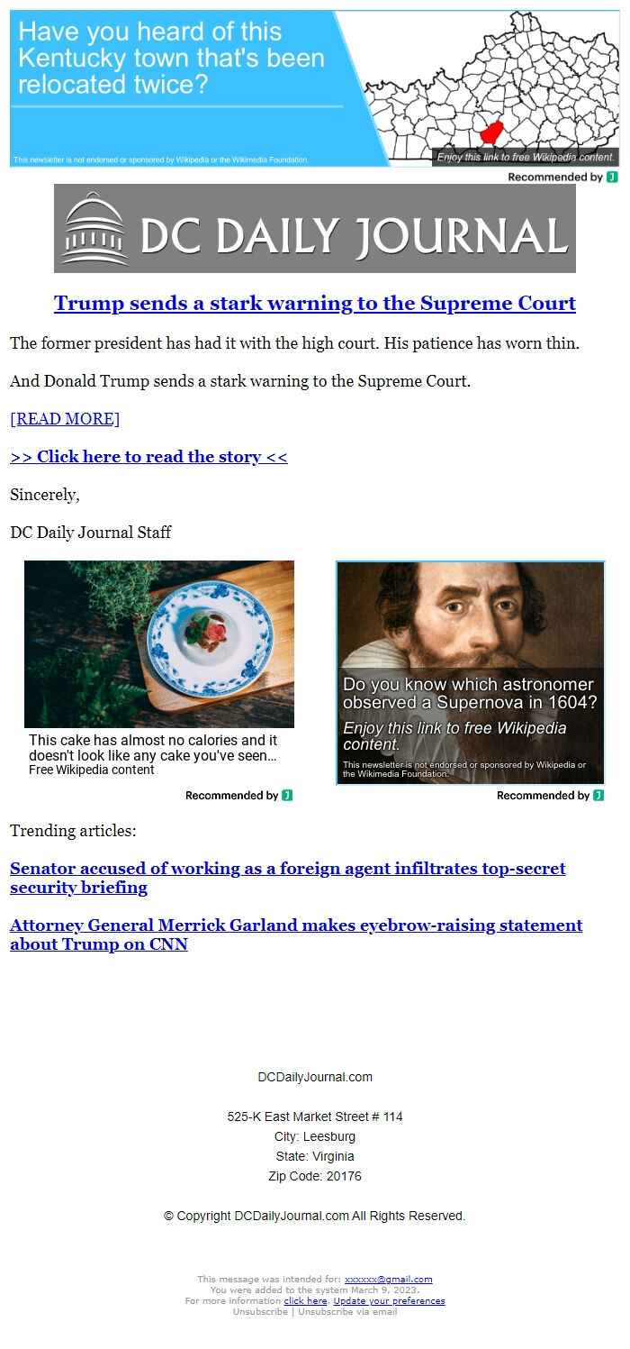 Screenshot of the email generated on import