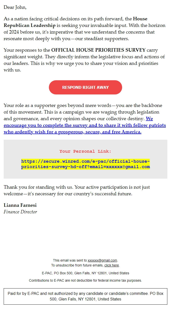 Screenshot of the email generated on import