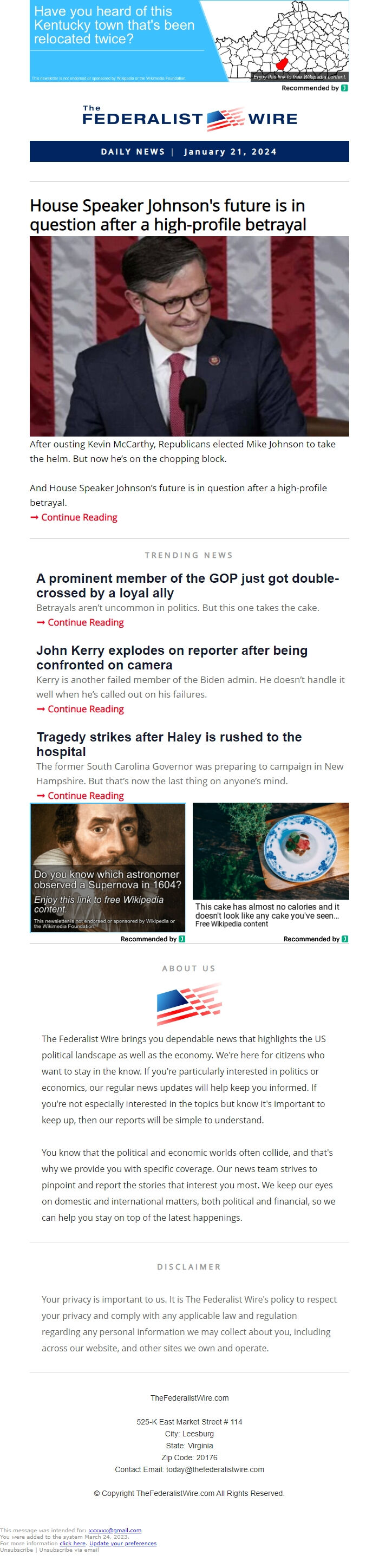 Screenshot of the email generated on import