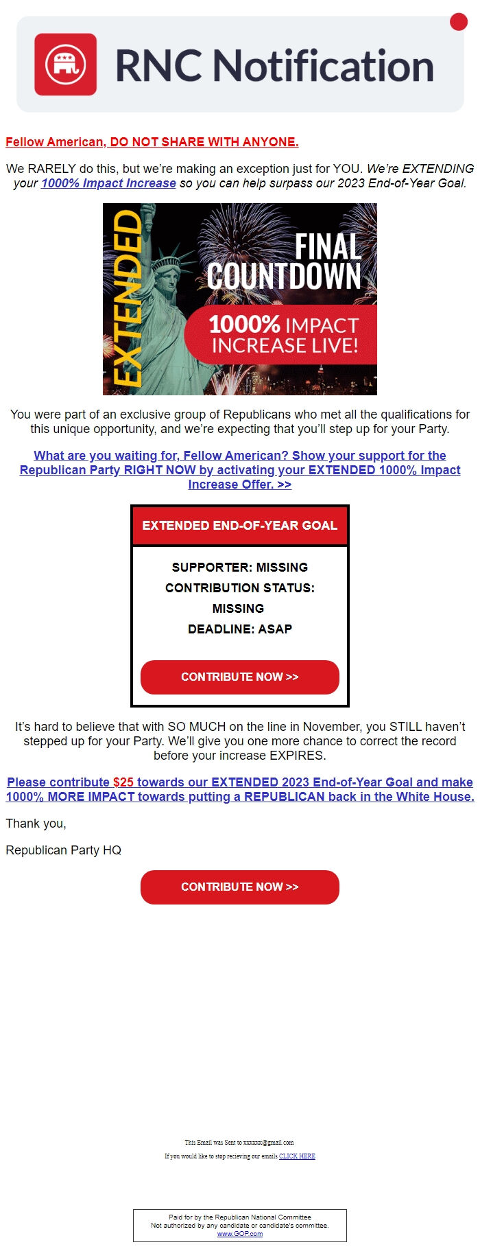 Screenshot of the email generated on import