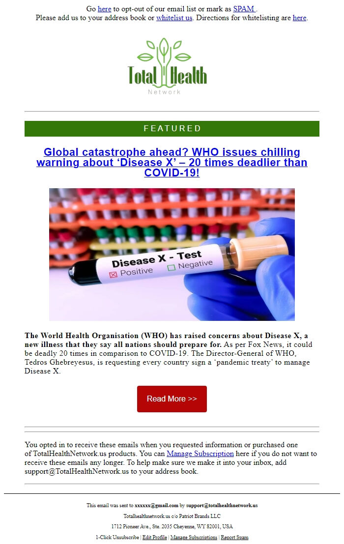 Screenshot of the email generated on import