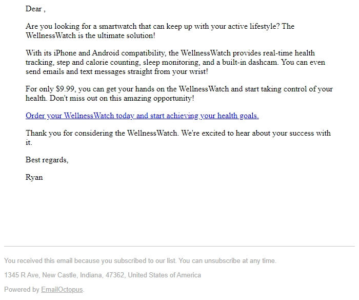 Screenshot of the email generated on import