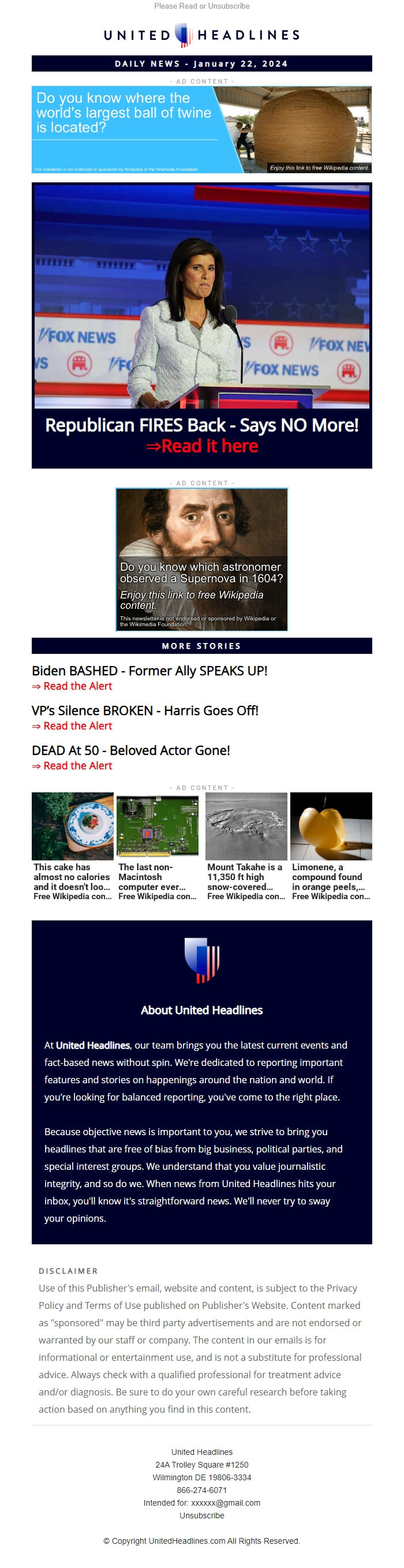 Screenshot of the email generated on import