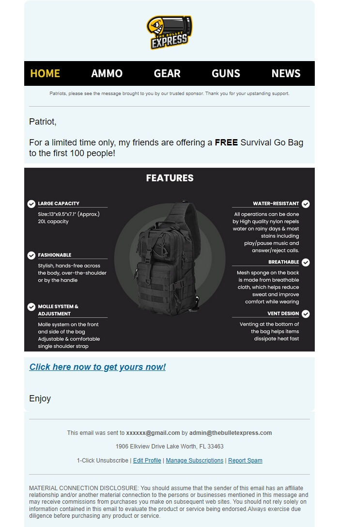 Screenshot of the email generated on import