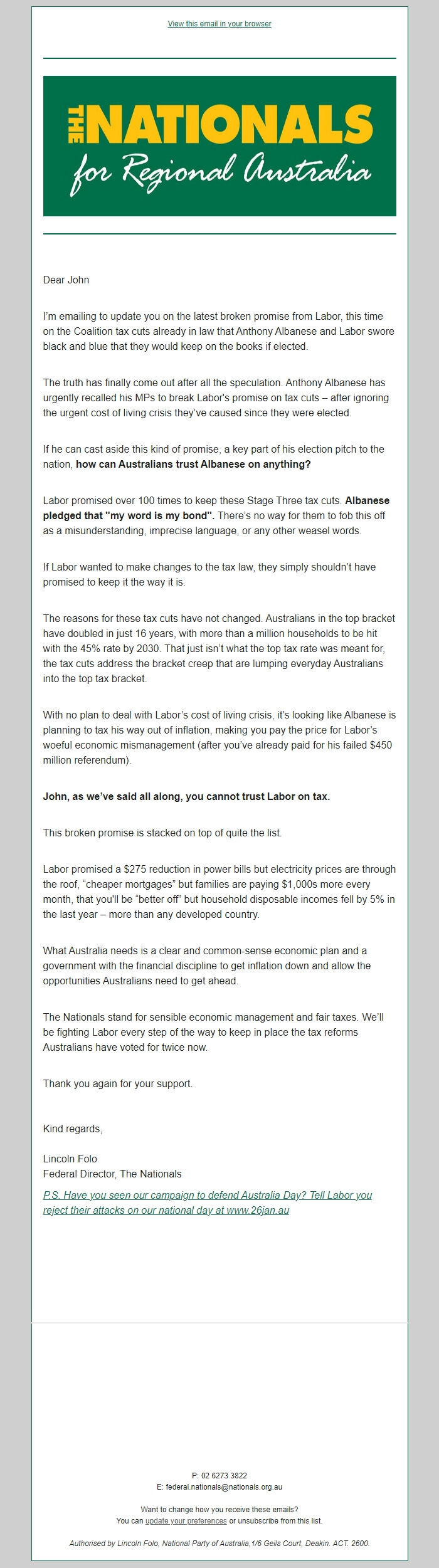 Screenshot of the email generated on import