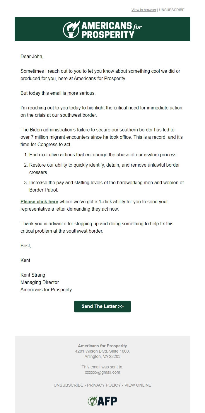 Screenshot of the email generated on import