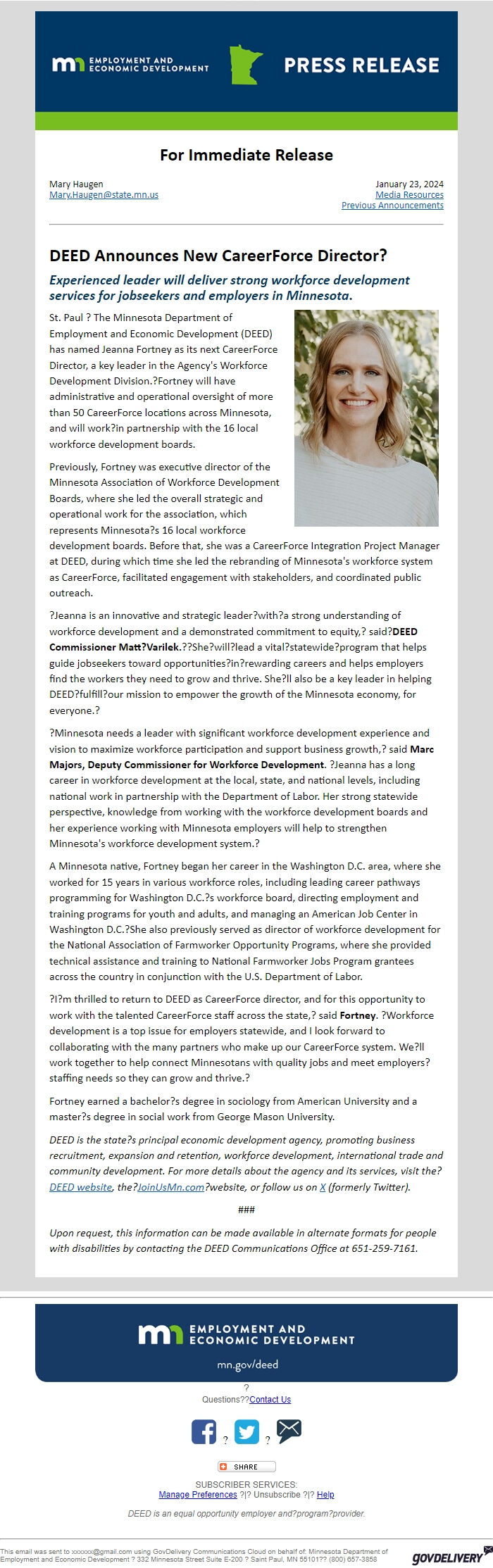 Screenshot of the email generated on import