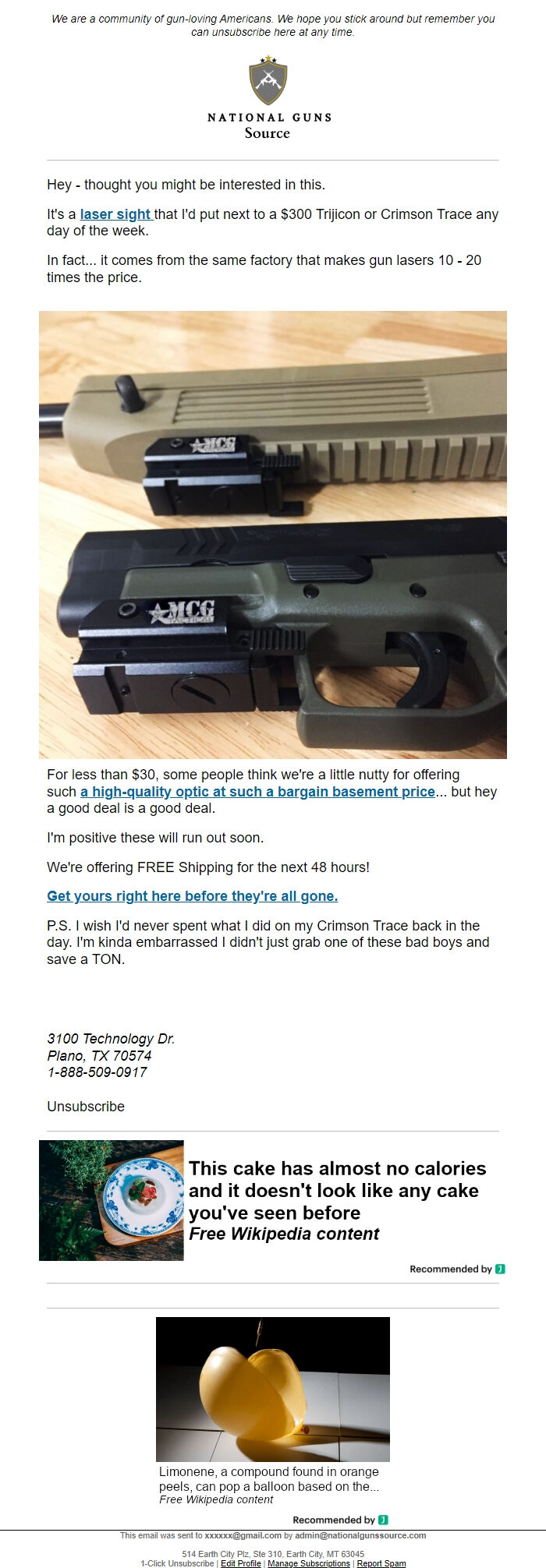 Screenshot of the email generated on import