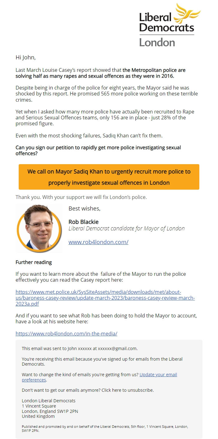 Screenshot of the email generated on import