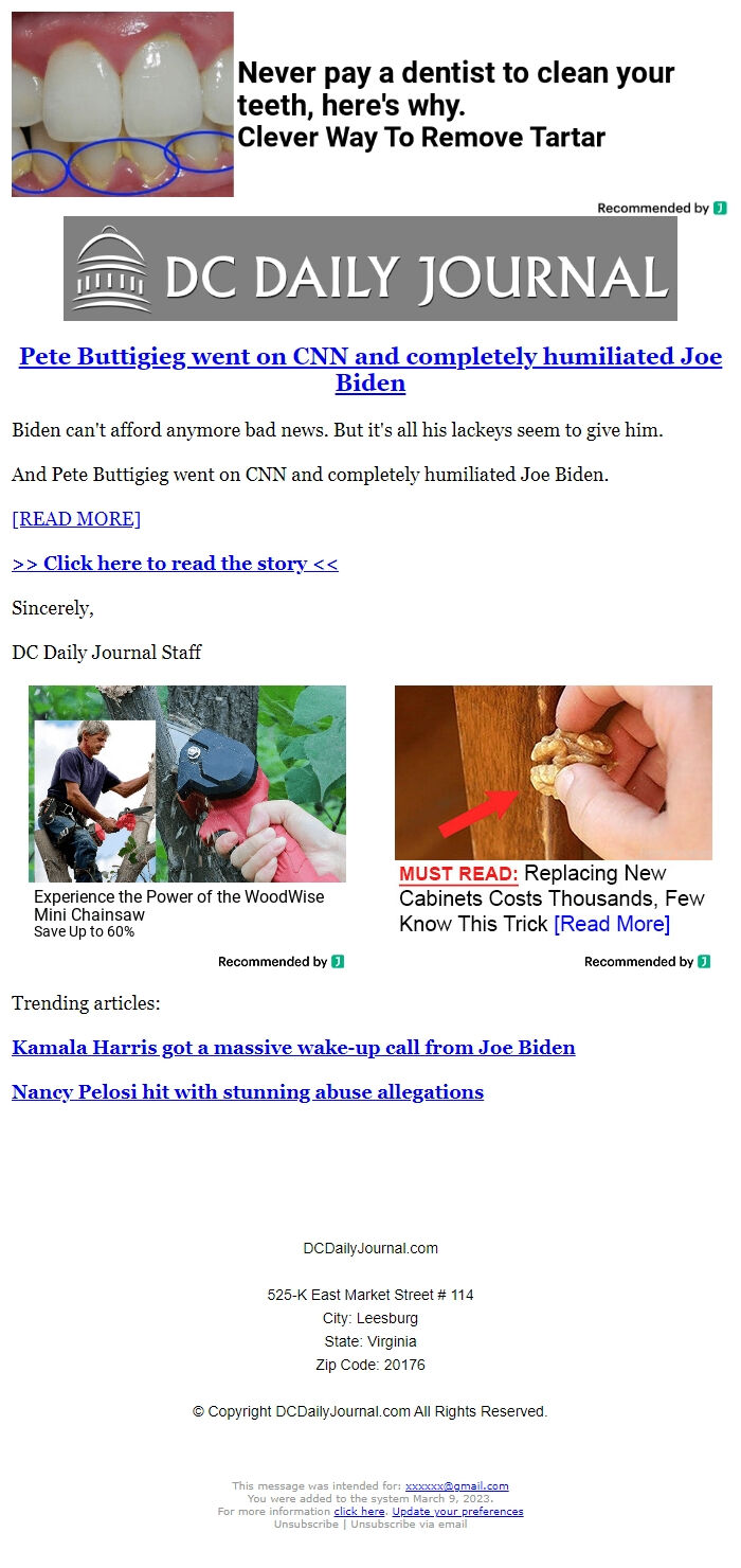 Screenshot of the email generated on import