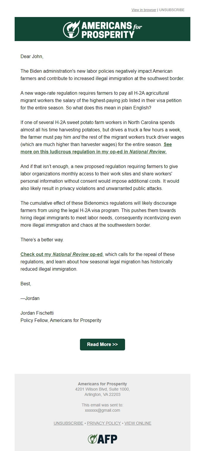 Screenshot of the email generated on import