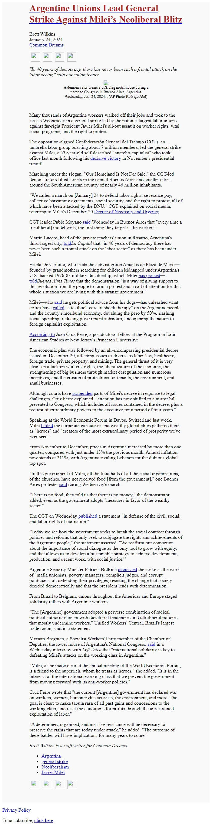 Screenshot of the email generated on import