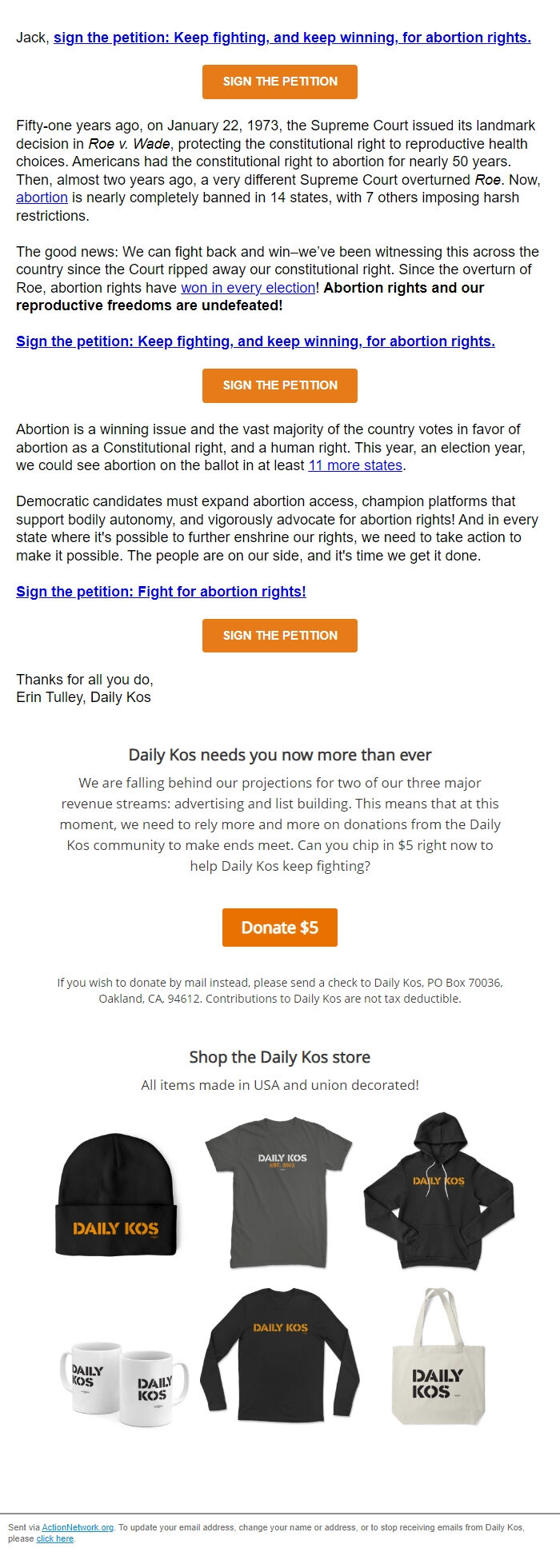 Screenshot of the email generated on import