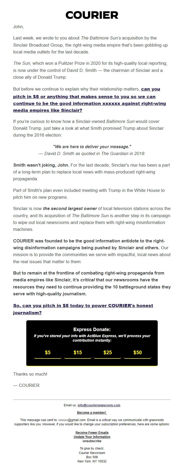 Screenshot of the email generated on import