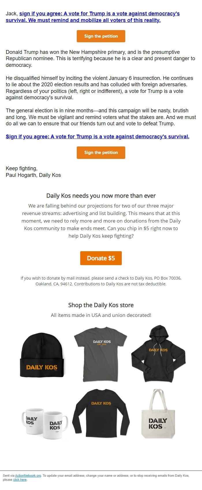Screenshot of the email generated on import