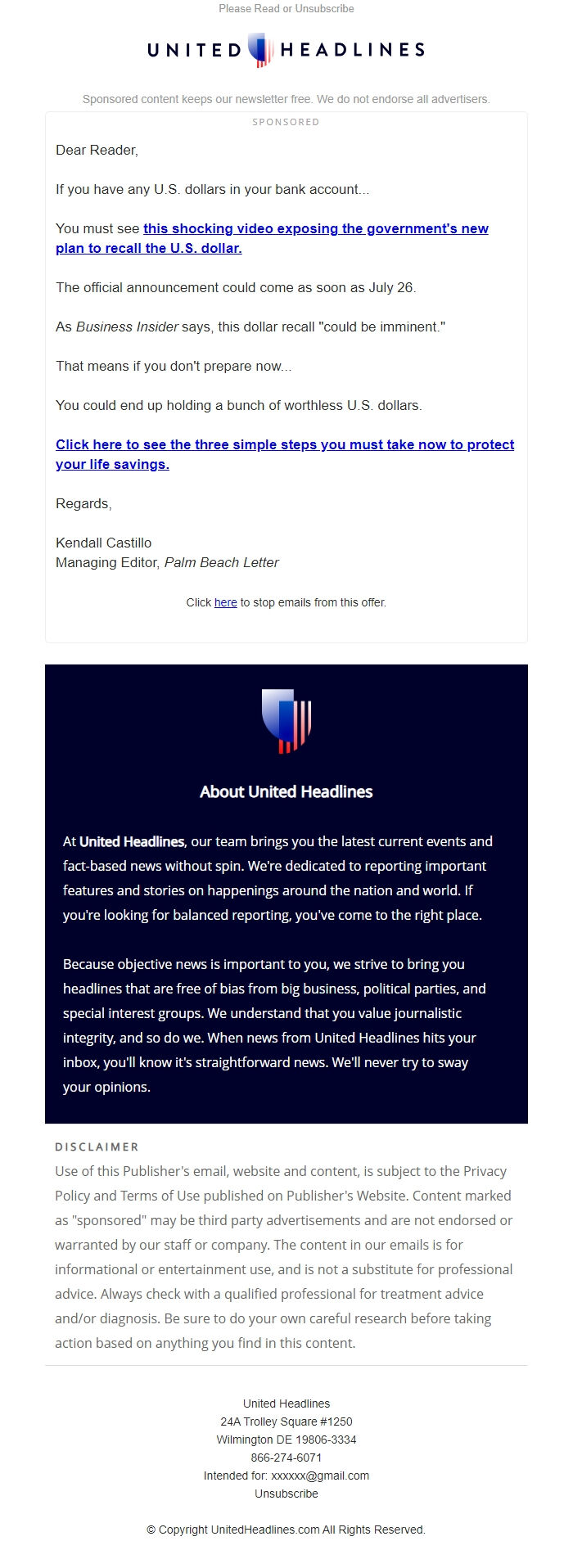 Screenshot of the email generated on import